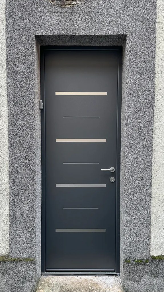 Porte d’entrée aluminium anthracite à inserts dans la Marne